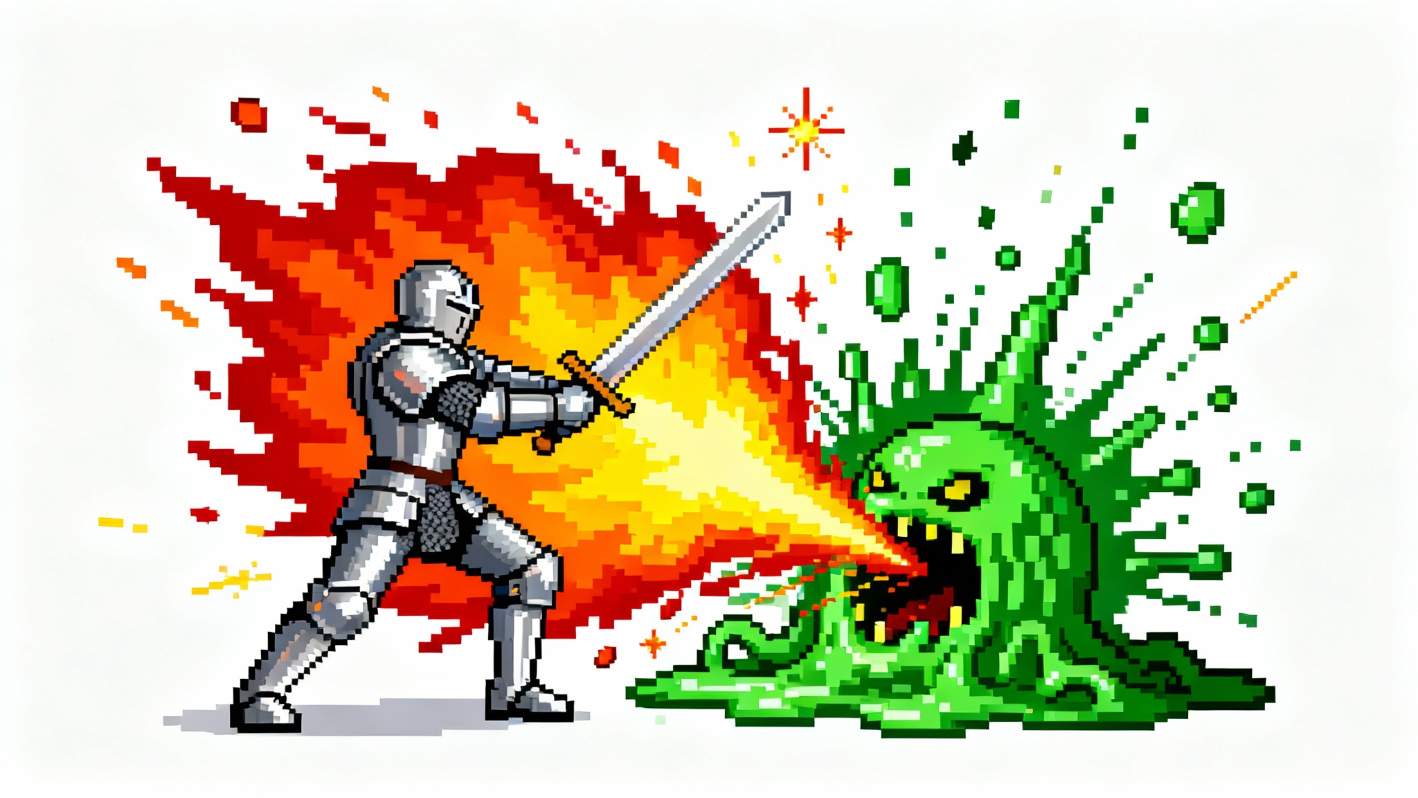 A 16-bit pixel art scene showing a knight's sword attack resulting in a large, fiery pixel explosion against a slime monster, set on a white background.