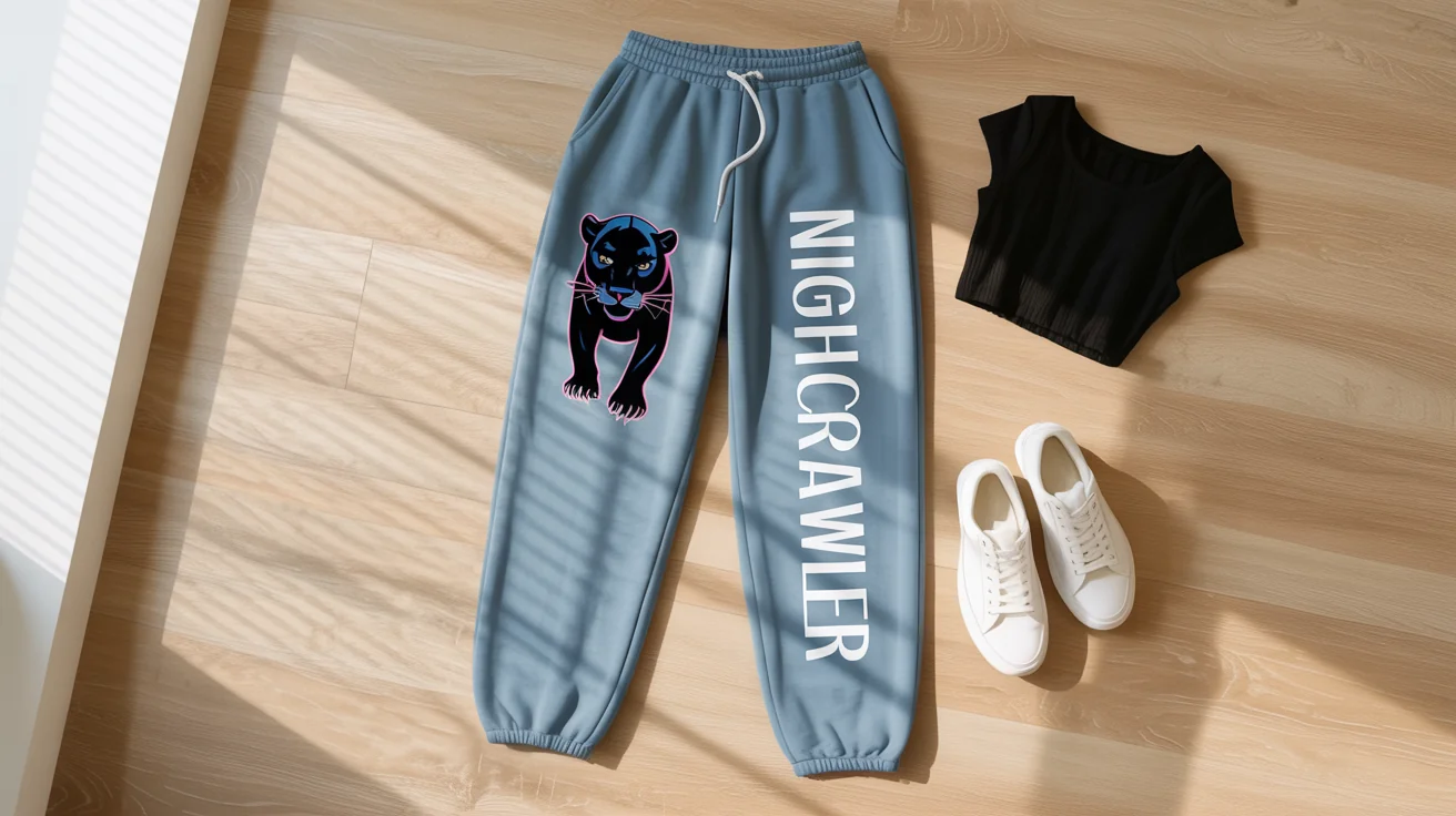A professional flat lay mockup of pastel blue baggy sweatpants that have been customized with a modern graphic of a black panther and the text 'NIGHTCRAWLER', displayed on a wooden surface with sneakers and a top.