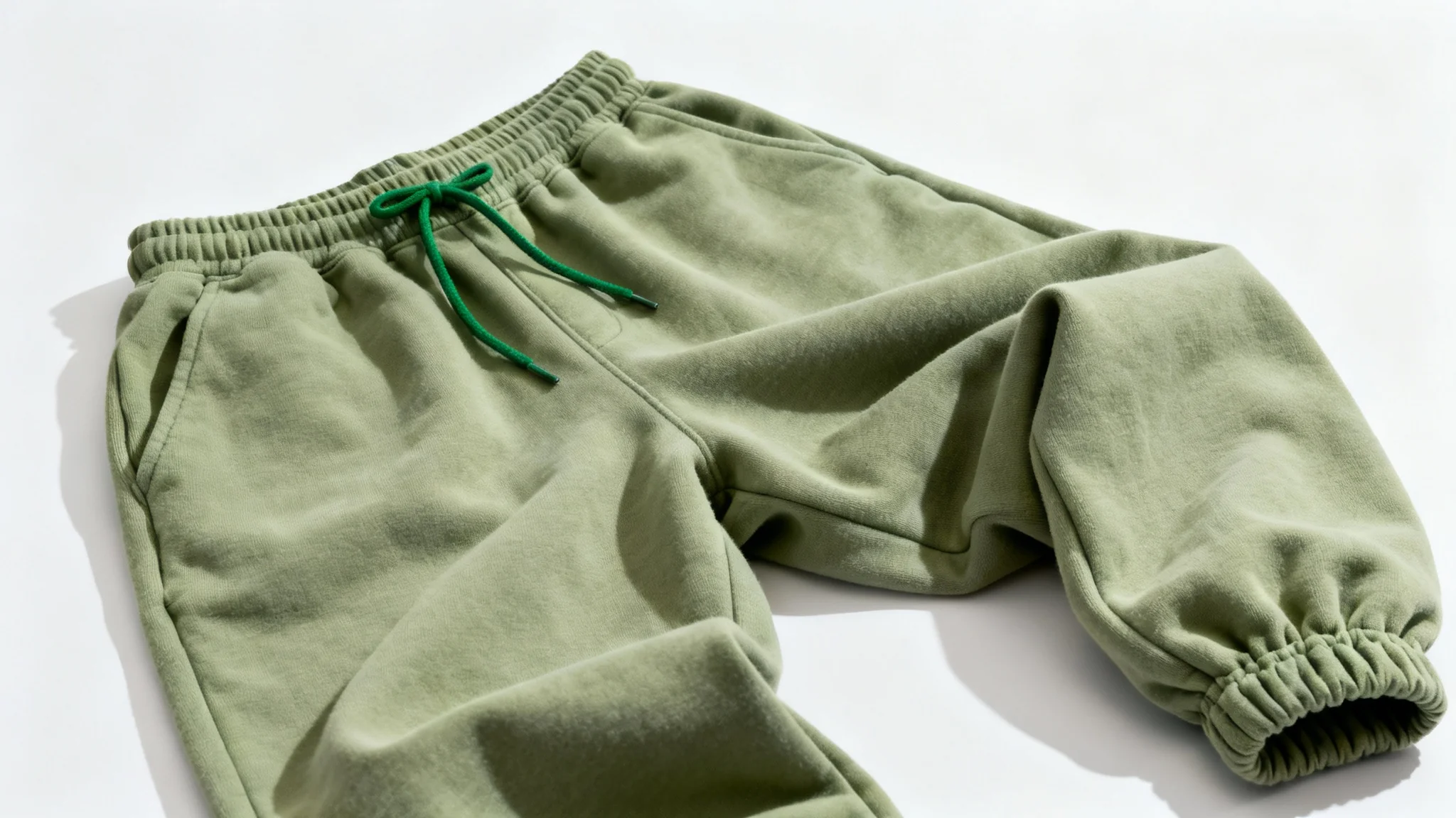 A flat lay product mockup of a pair of baggy, sage green sweatpants with an elastic waistband and cuffs, shot against a solid white background.