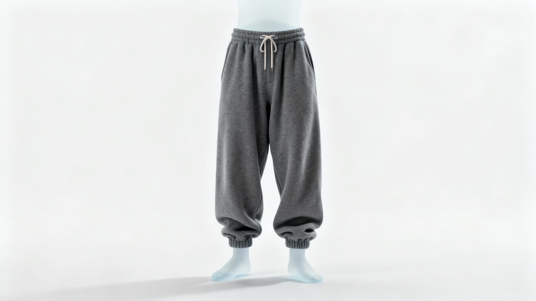 A professional product mockup of a pair of charcoal grey baggy sweatpants with a drawstring, displayed on a ghost mannequin against a solid white background.