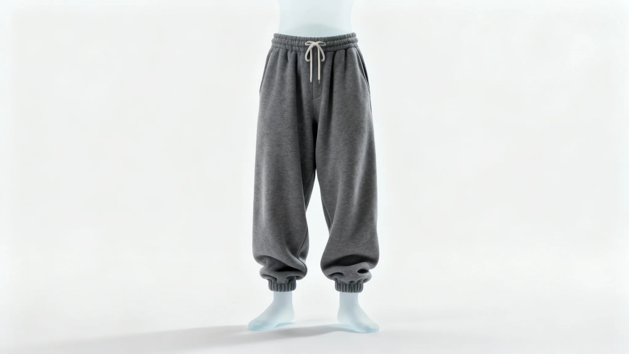 A professional product mockup of a pair of charcoal grey baggy sweatpants with a drawstring, displayed on a ghost mannequin against a solid white background.