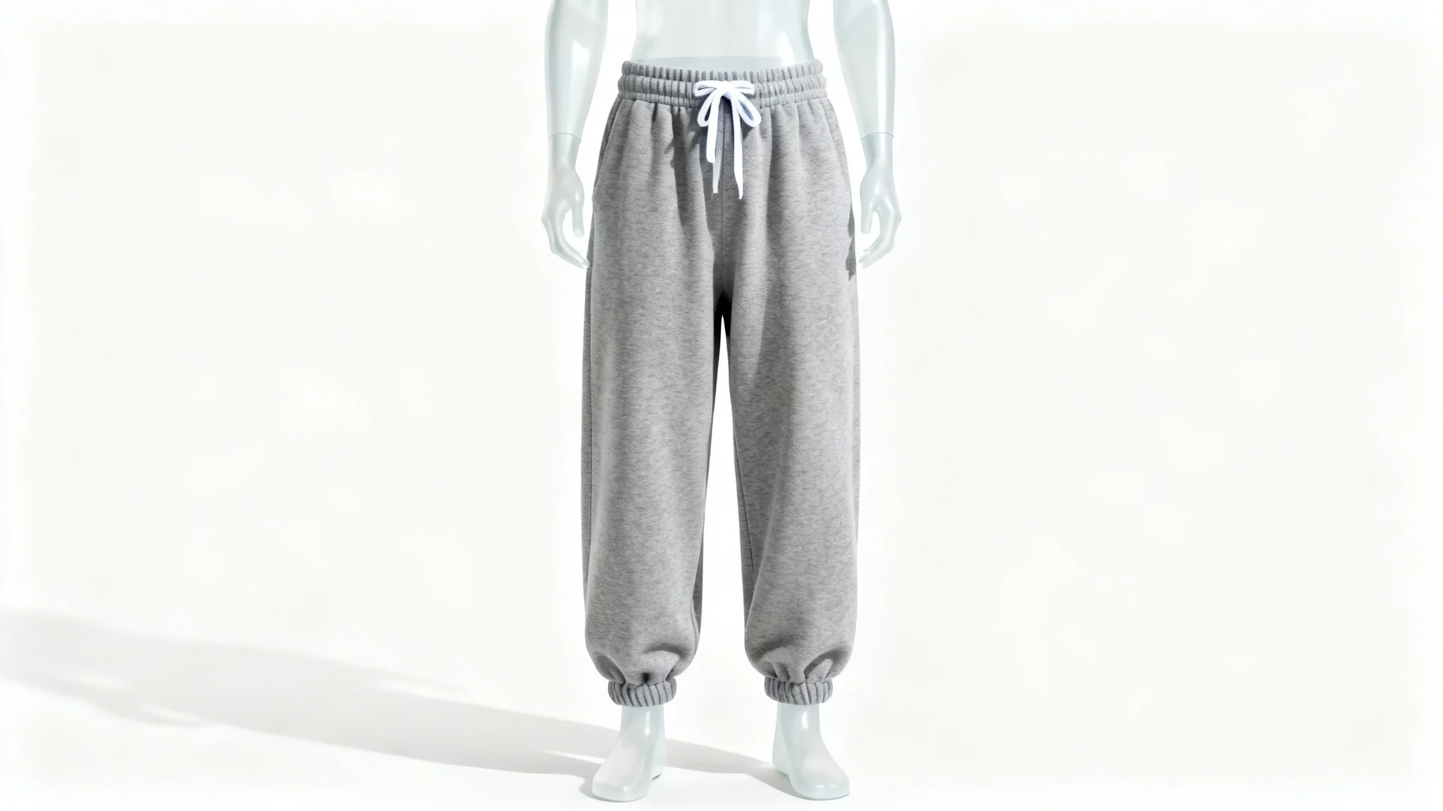 A professional mockup image of a pair of baggy heather grey sweatpants with a white drawstring, displayed on a ghost mannequin against a pure white background.