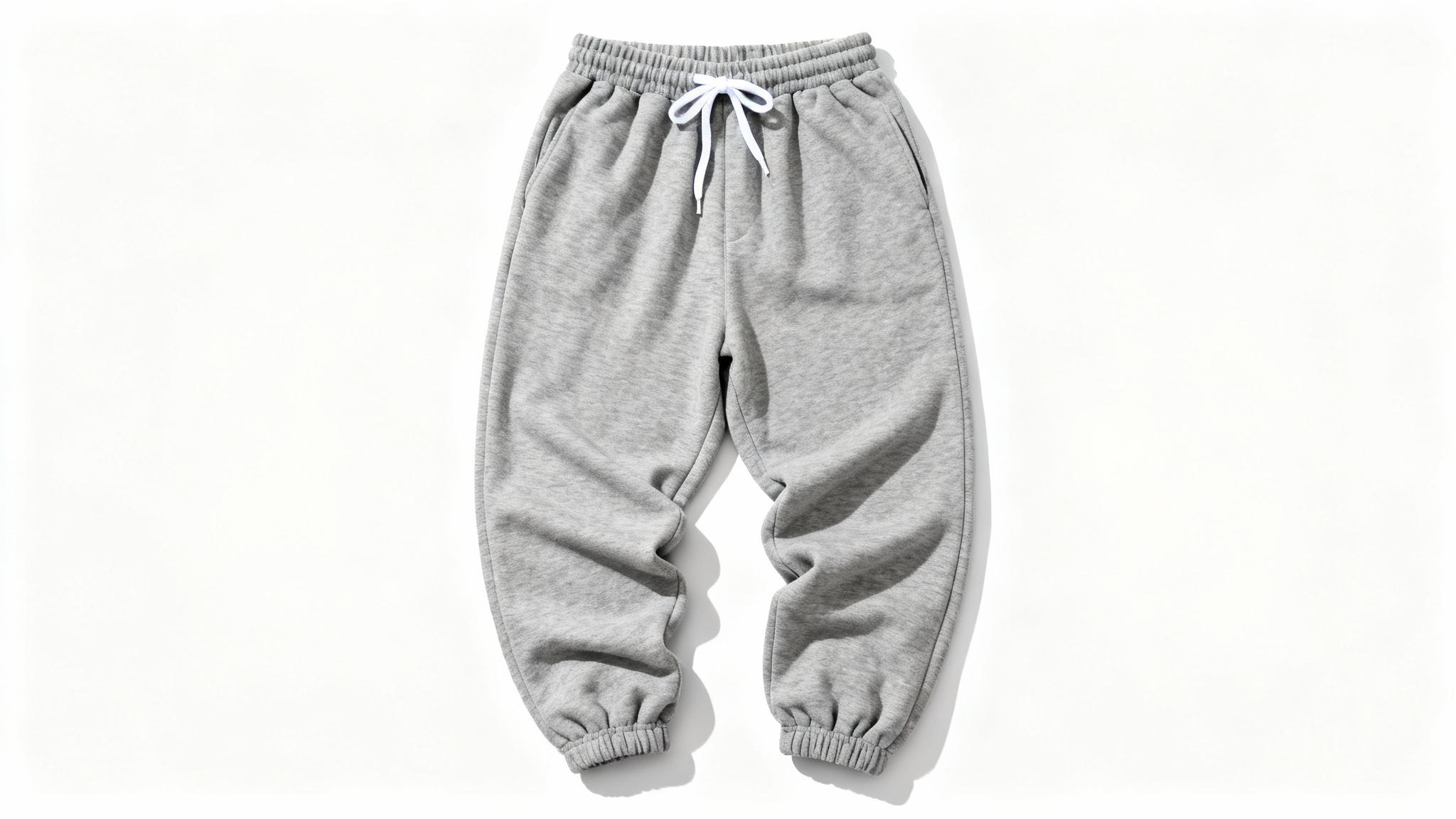 A flat-lay mockup of a pair of baggy, heather grey sweatpants with a drawstring waist, displayed on a clean white background.