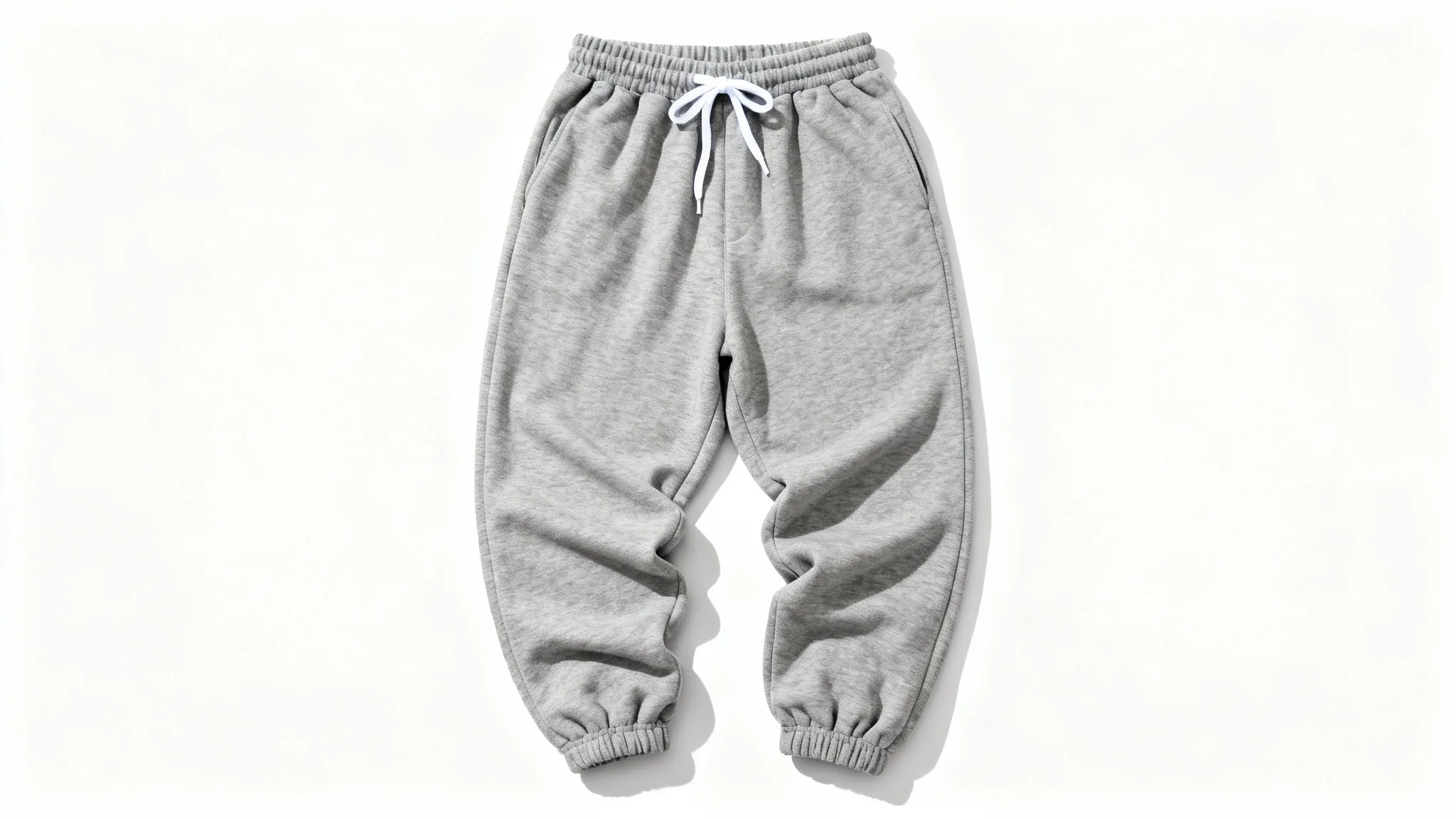 A flat-lay mockup of a pair of baggy, heather grey sweatpants with a drawstring waist, displayed on a clean white background.