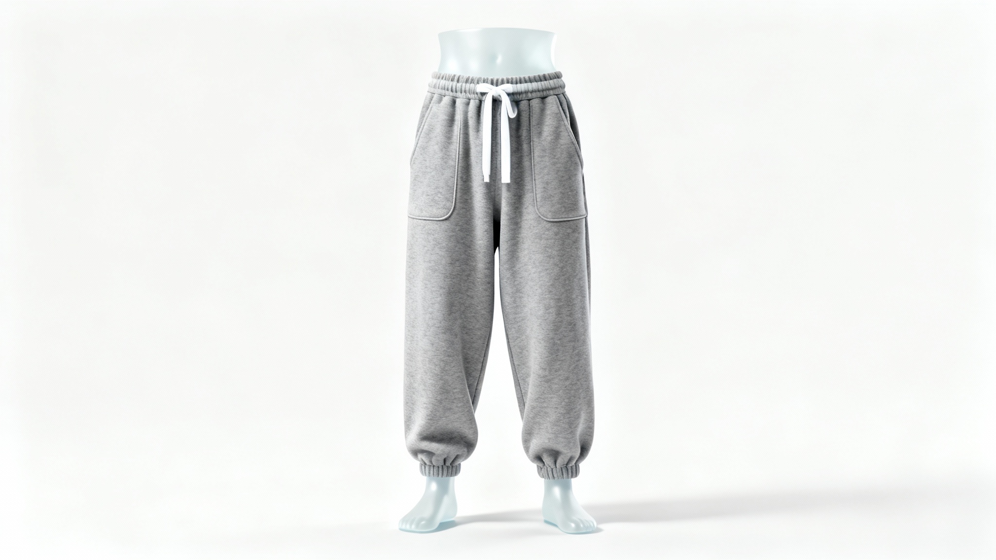 A product mockup of a pair of high-quality, baggy heather grey sweatpants on a ghost mannequin against a clean white background, showcasing their relaxed fit.