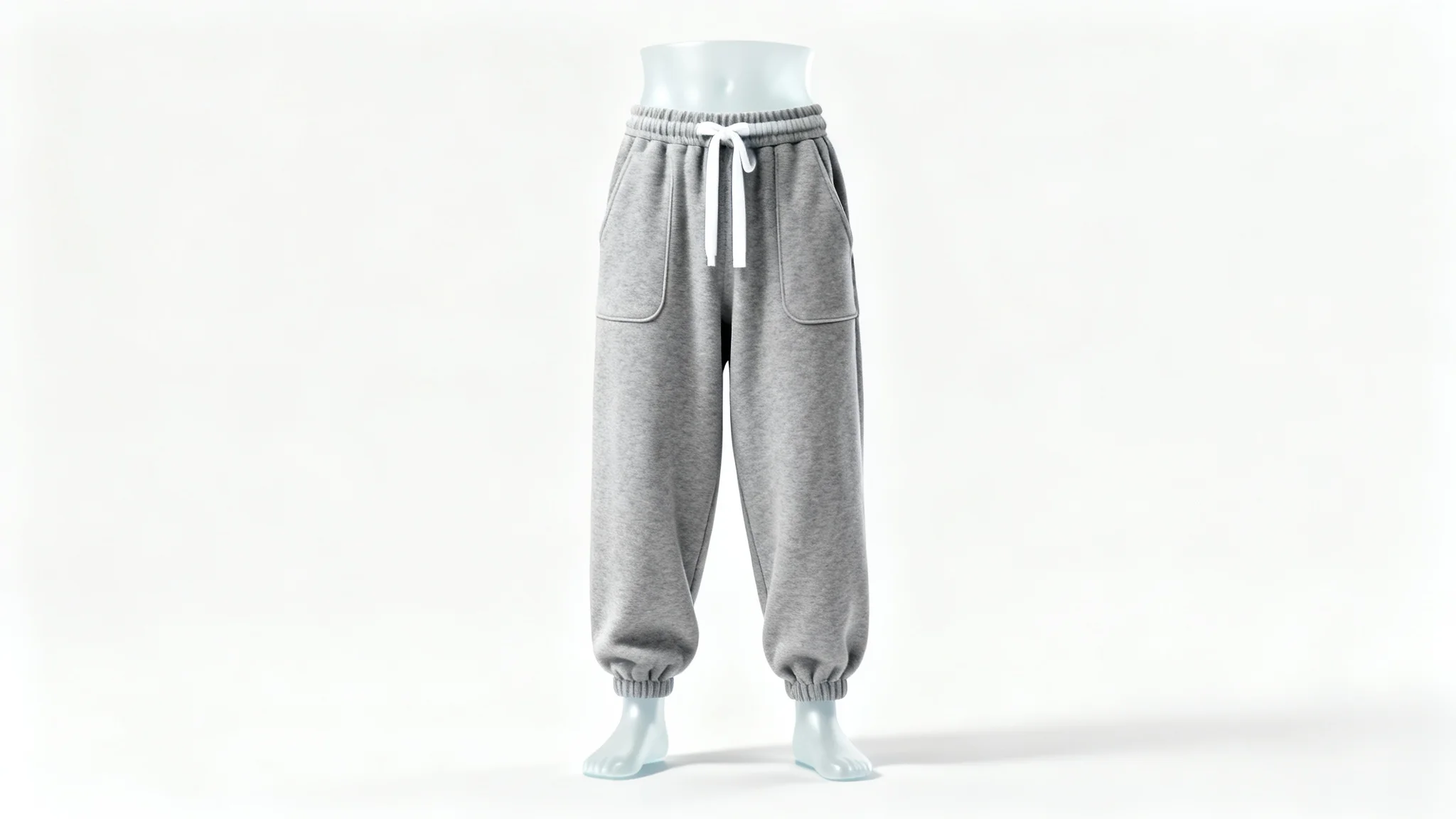 A product mockup of a pair of high-quality, baggy heather grey sweatpants on a ghost mannequin against a clean white background, showcasing their relaxed fit.