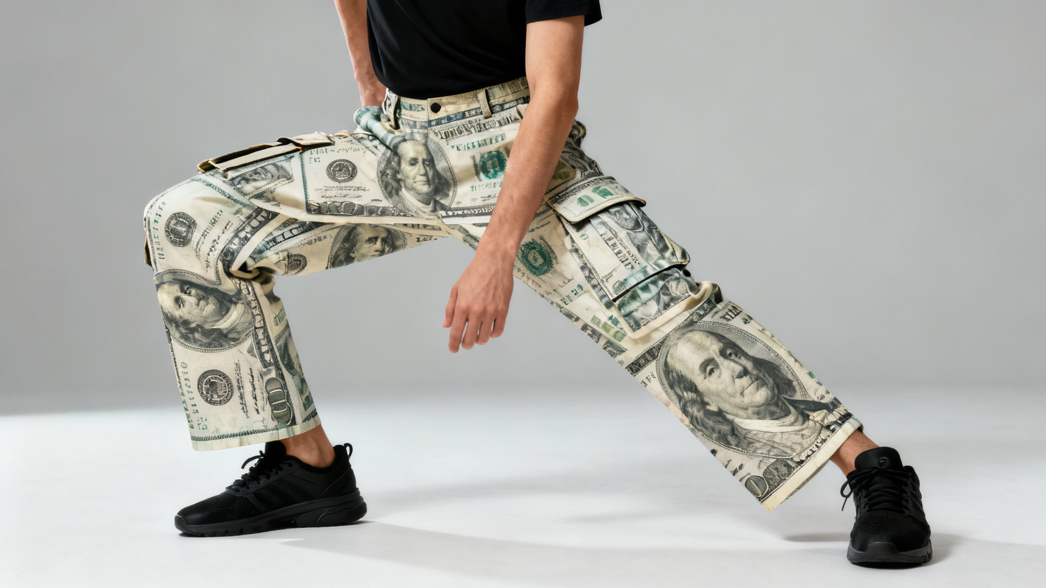 A full-body fashion studio photograph of a model wearing cargo pants with a realistic dollar bill texture print, standing against a minimalist gray background.