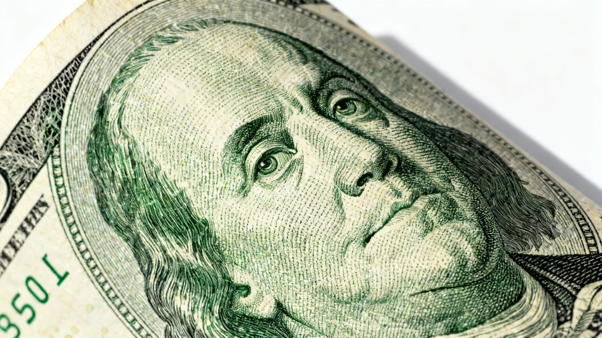 A hyper-detailed macro shot of a US dollar bill, focusing on the intricate paper texture and the raised ink against a clean white background.