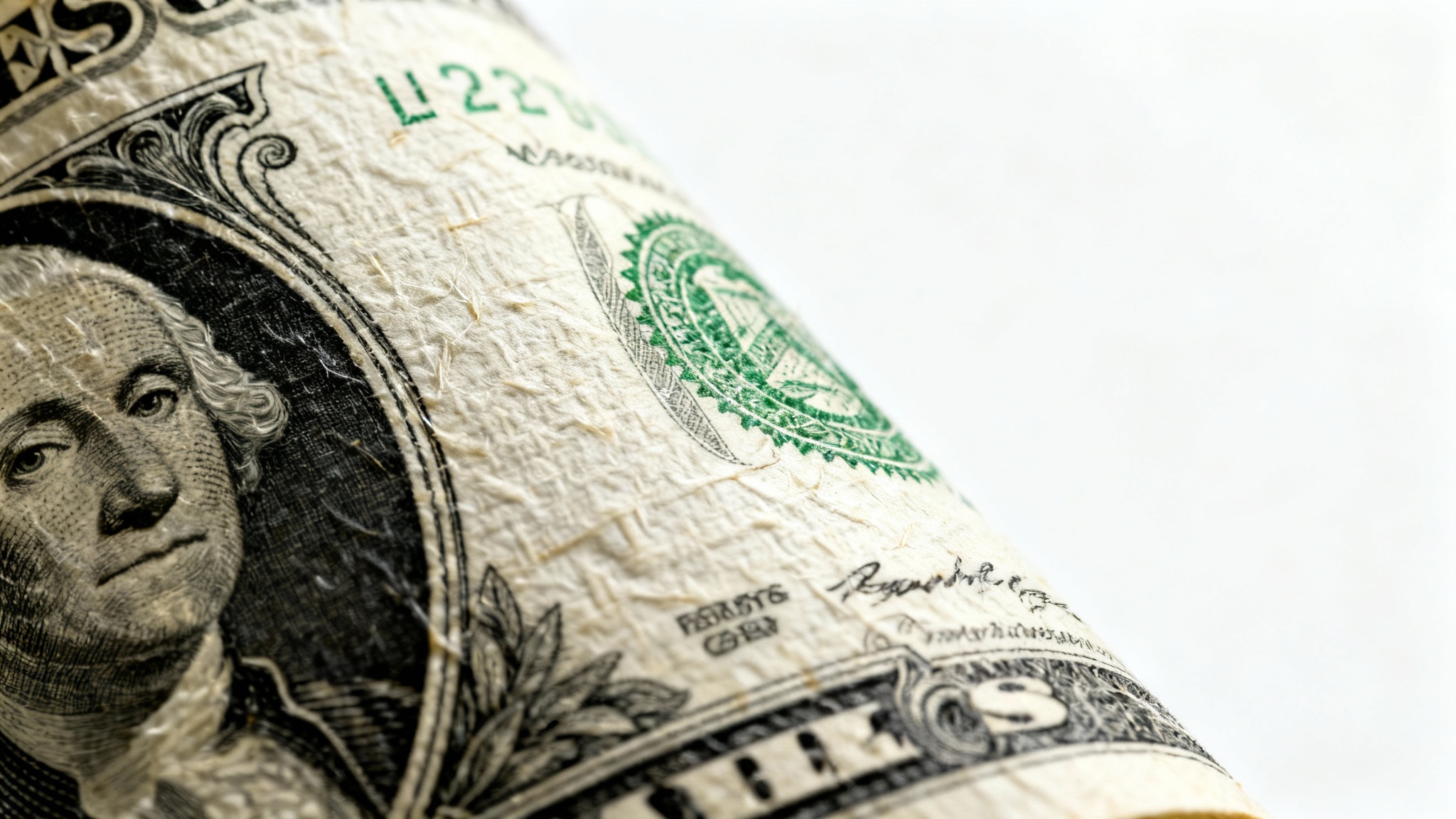 An extreme close-up, photorealistic image showcasing the detailed texture of a US dollar bill, including the paper fibers and raised ink, set against a plain white background.