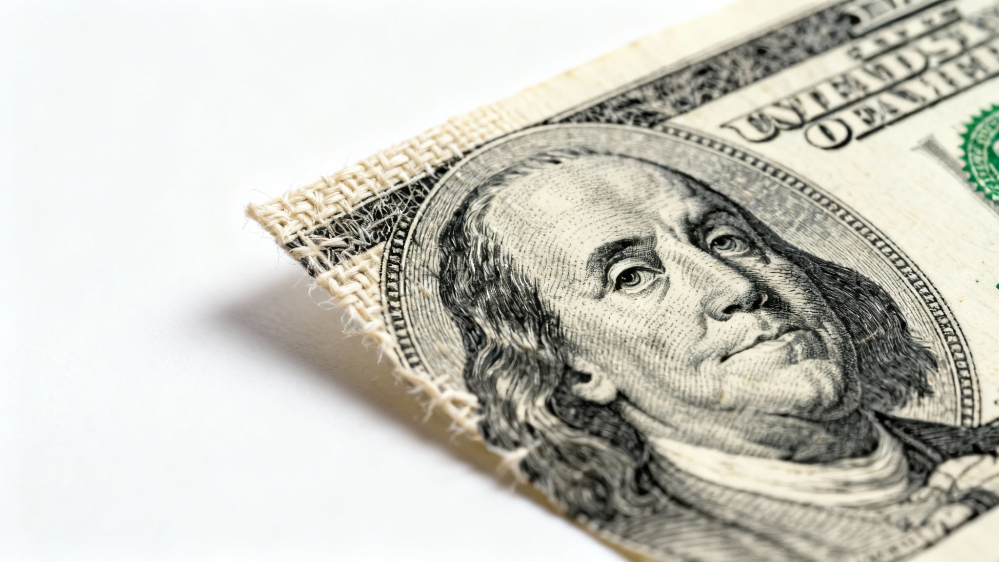 An extreme close-up, macro shot of a US dollar bill, highlighting the detailed texture of the paper fibers and the raised ink against a clean white background.