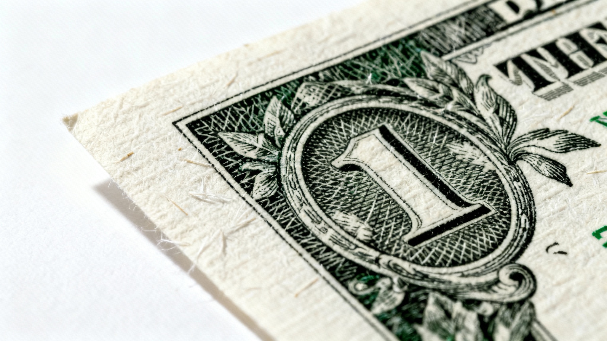 A close-up, macro shot of the texture of a US dollar bill, highlighting the fibrous paper and the raised engraved ink, isolated on a clean white background.