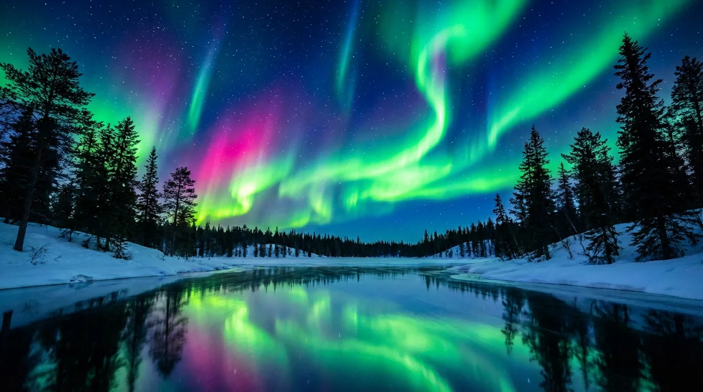 A cinematic still from an animation showing the vibrant green and purple aurora borealis dancing in a starry night sky over a snow-covered landscape with pine trees.
