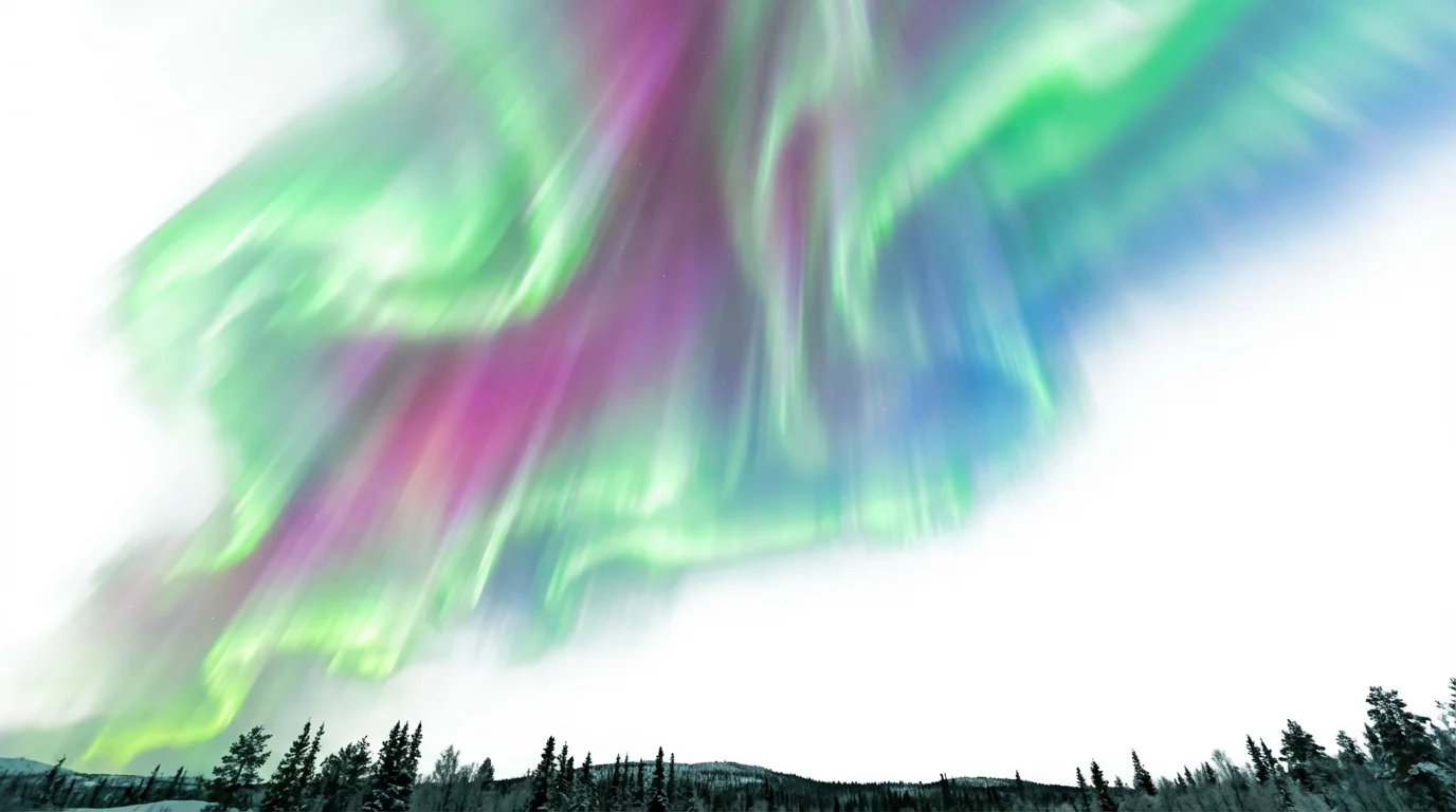 A vibrant animation still of the aurora borealis, with swirling ribbons of green, purple, and blue light dancing over a silhouetted snowy landscape, set against a clean white background.