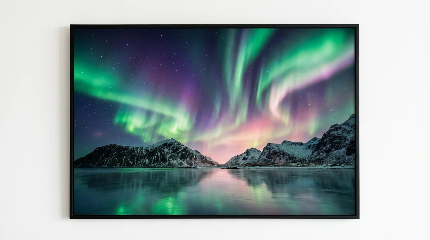 A stunning, vibrant depiction of the aurora borealis dancing over a snow-covered mountain and a frozen lake under a starry night sky, suggesting a moment from an animation.