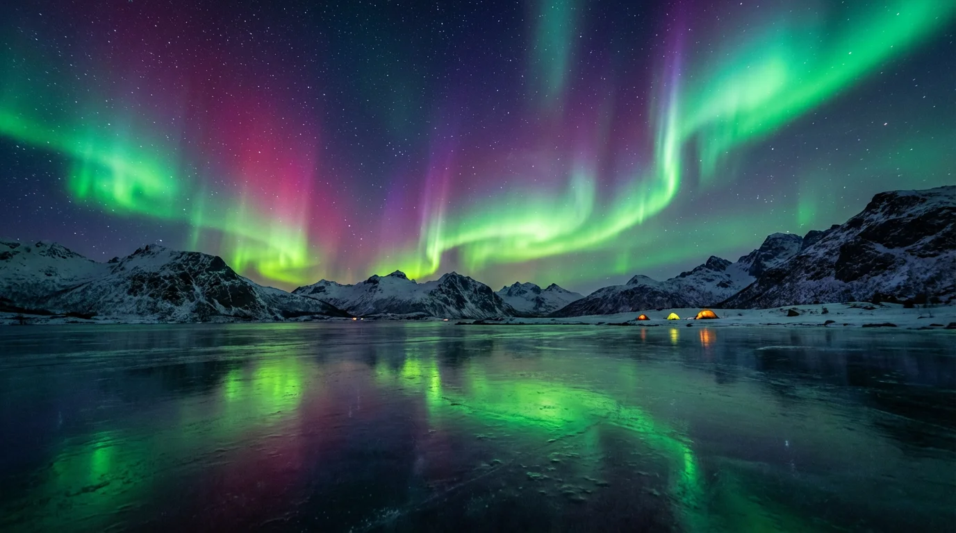 A stunning digital illustration of the aurora borealis, with vibrant green and purple lights swirling across a star-filled night sky. The magical scene is reflected in a calm, frozen lake below, nestled among snow-covered mountains.