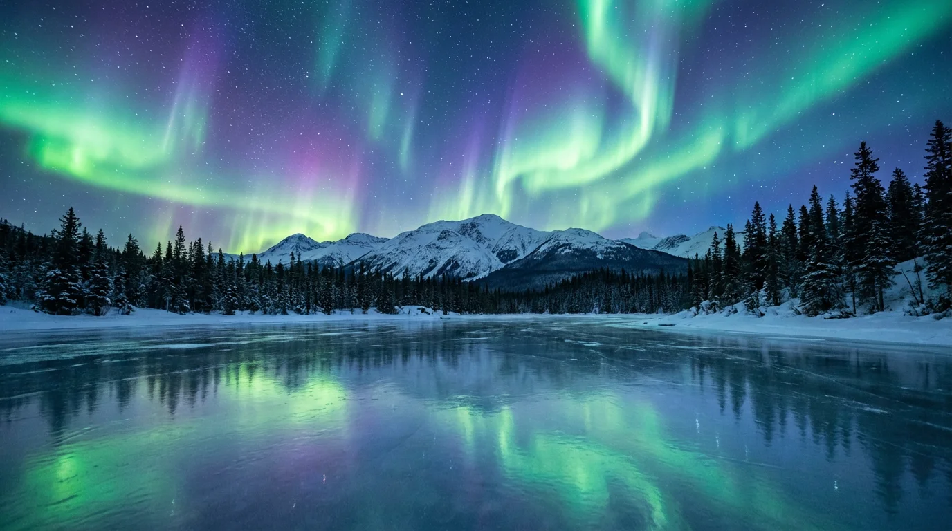 A digital animation still of the aurora borealis with vibrant green and purple lights swirling in a starry night sky above snow-covered mountains and a frozen lake that reflects the colorful sky.