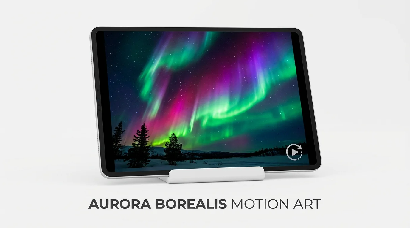A vibrant digital illustration of the aurora borealis, with swirling ribbons of green, purple, and magenta light over a snowy landscape, presented as a mockup on a clean white background.