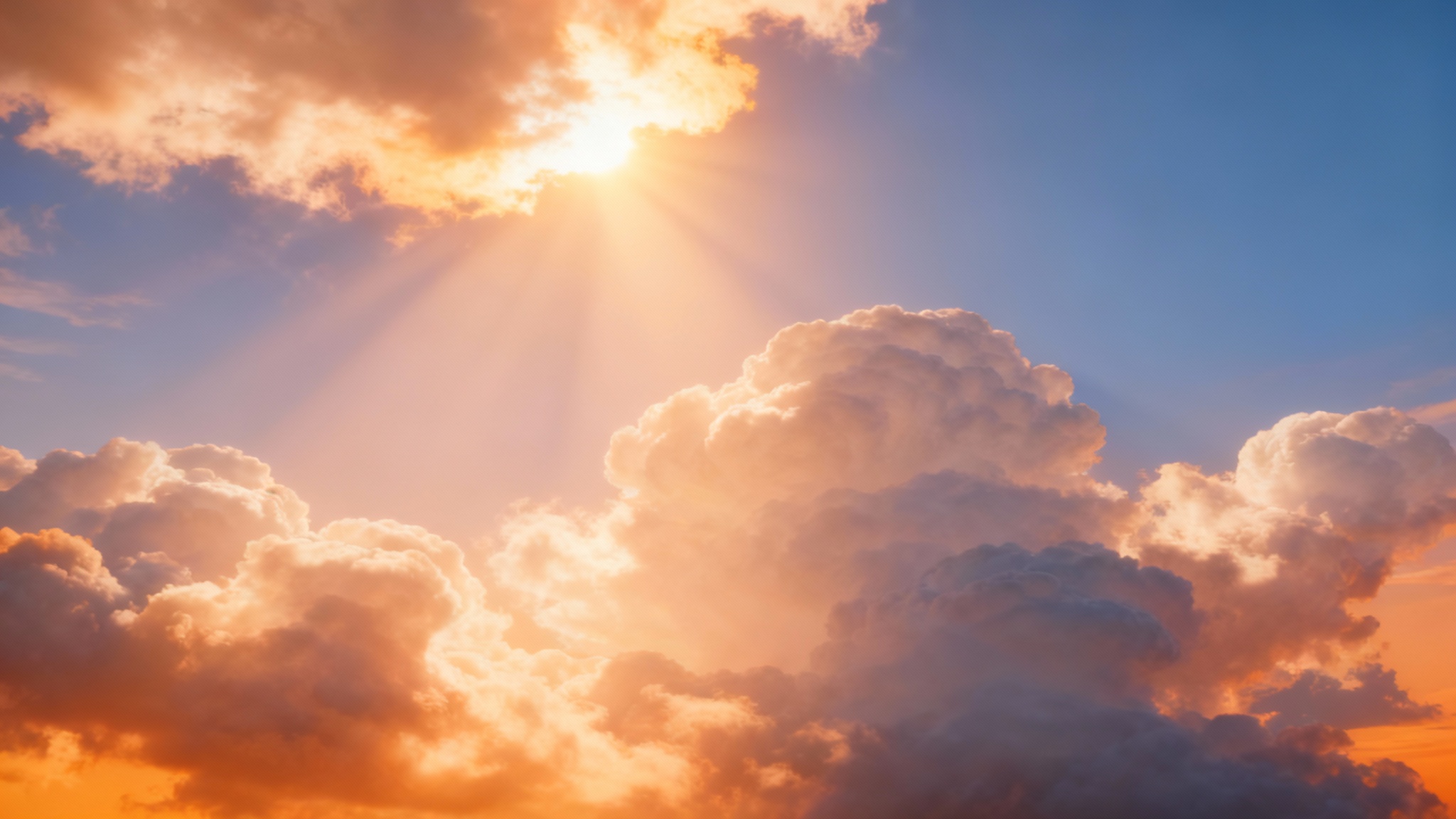 A cinematic, photorealistic image of a beautiful sky at sunset, with sun rays bursting through fluffy clouds, representing the final result of a cloud loop animation.