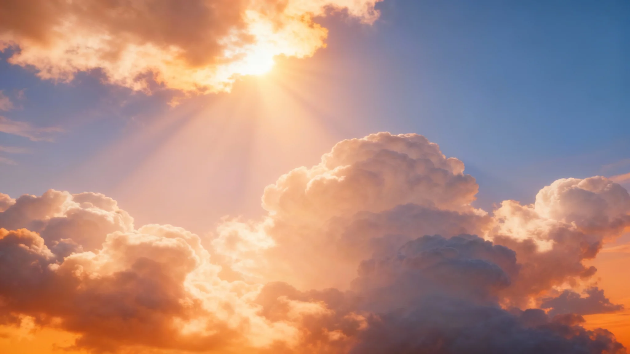 A cinematic, photorealistic image of a beautiful sky at sunset, with sun rays bursting through fluffy clouds, representing the final result of a cloud loop animation.