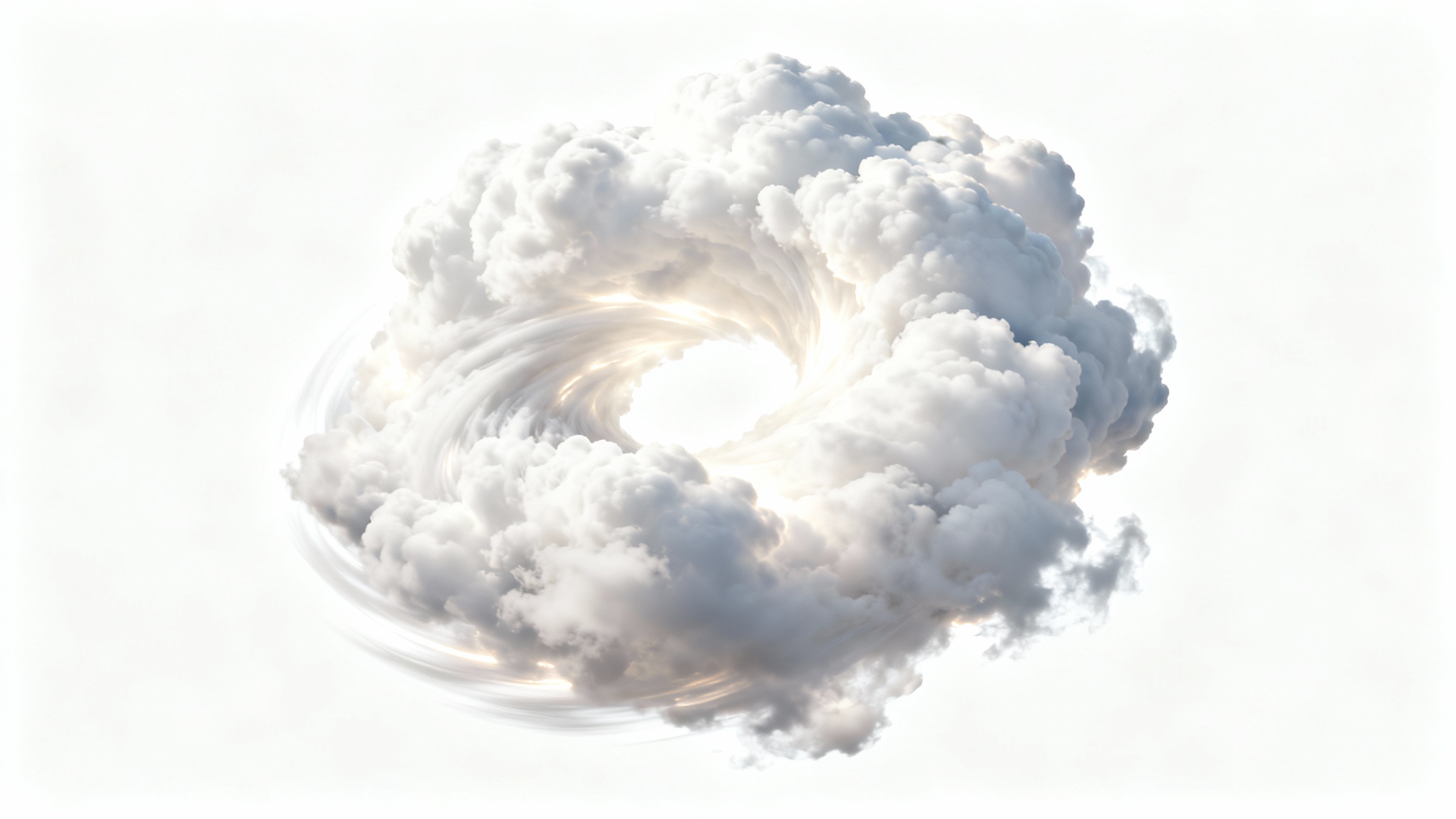 A swirling vortex of fluffy white clouds in a continuous loop, set against a clean white background, representing a cloud loop animation.