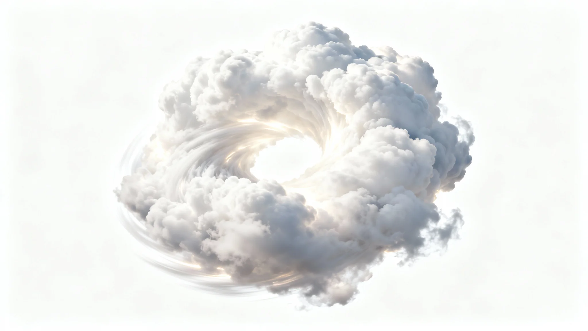 A swirling vortex of fluffy white clouds in a continuous loop, set against a clean white background, representing a cloud loop animation.