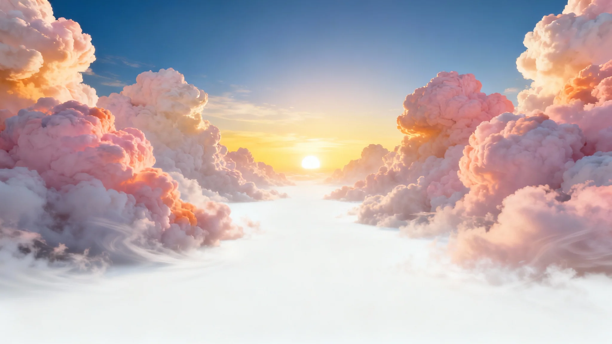 A serene and realistic digital rendering of fluffy white clouds drifting through a golden-hour sky, suggesting a seamless and peaceful animation loop.