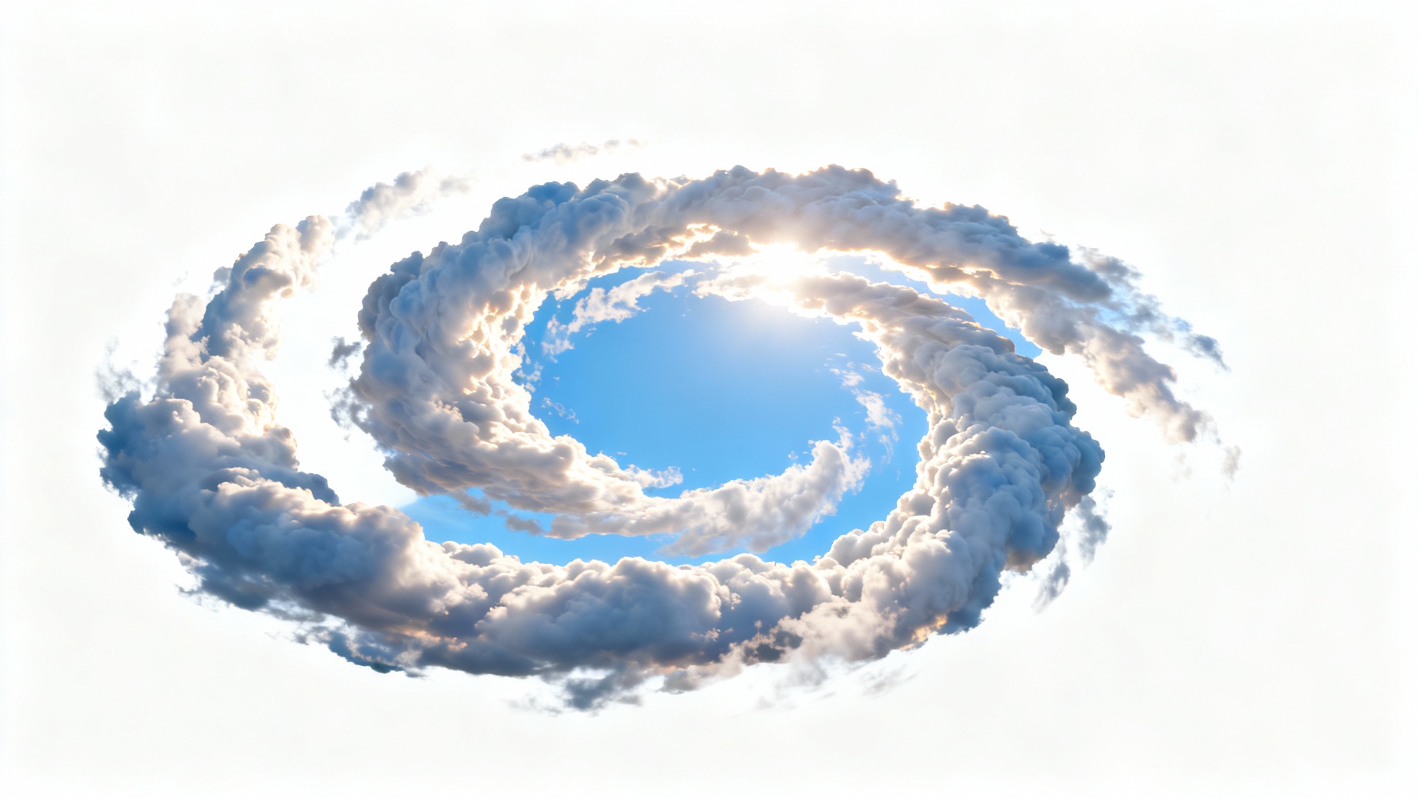 A circular formation of white, fluffy clouds against a clear blue sky, arranged to suggest a seamless looping animation, set against a white background.