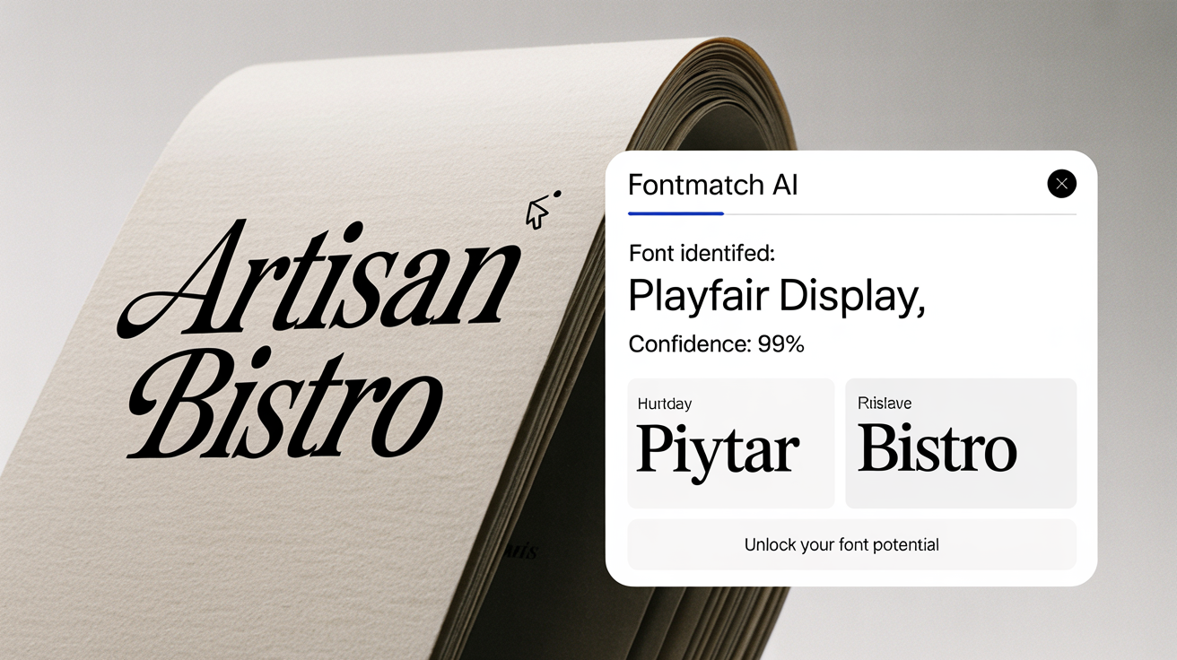 A hero image demonstrating an AI font matcher tool. A photo of a menu with the text 'Artisan Bistro' is shown, and a digital interface overlay identifies the font as 'Playfair Display' with 99% confidence.