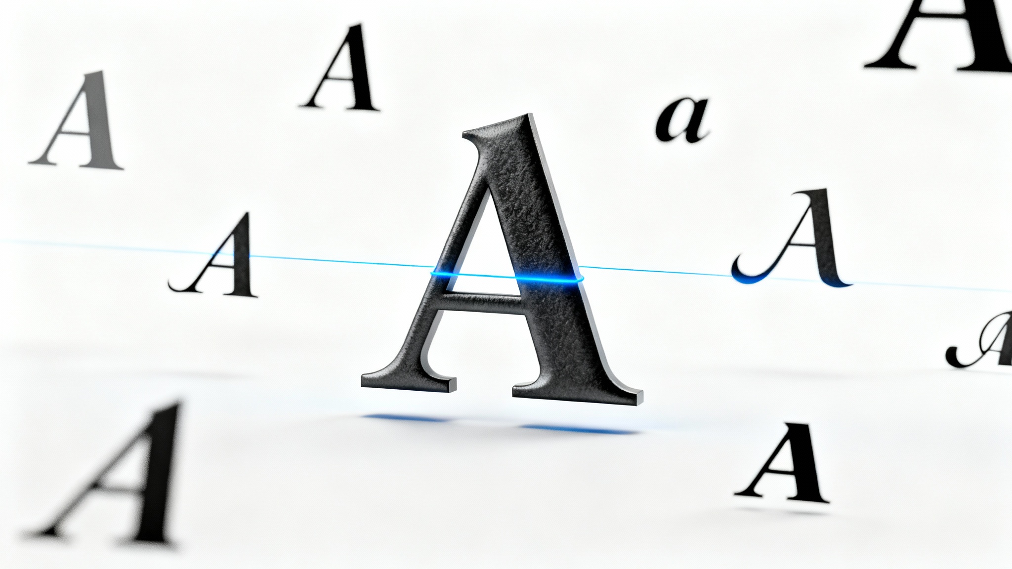 An abstract illustration of an AI font matcher. A large letter 'A' in a serif font is surrounded by smaller 'A's in various fonts, with a glowing line connecting the large letter to its matching font style on a clean white background.