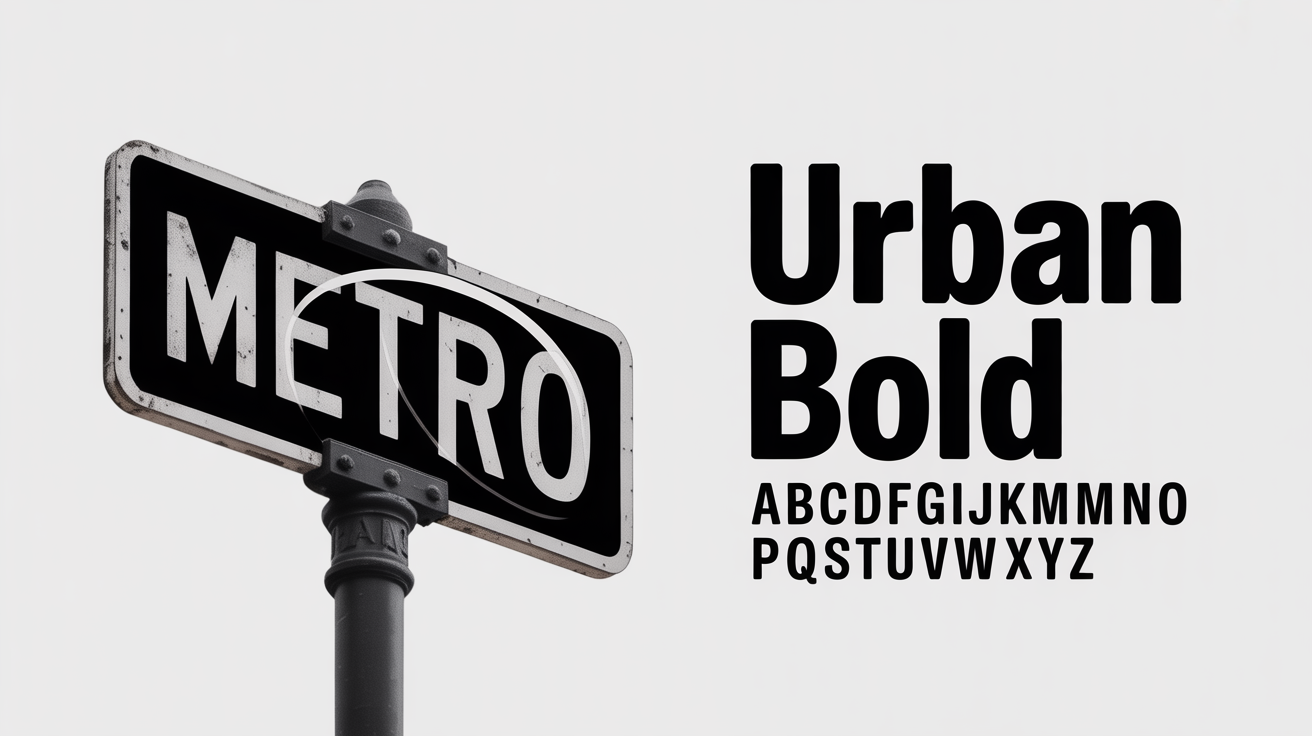 A conceptual image for an AI font matcher, showing a photo of a street sign with the word 'METRO' on the left, and the identified font, named 'Urban Bold', displayed clearly with an alphabet sample on the right, all on a clean white background.