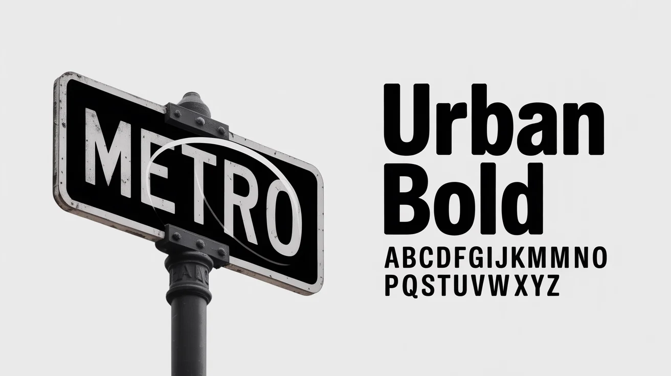 A conceptual image for an AI font matcher, showing a photo of a street sign with the word 'METRO' on the left, and the identified font, named 'Urban Bold', displayed clearly with an alphabet sample on the right, all on a clean white background.