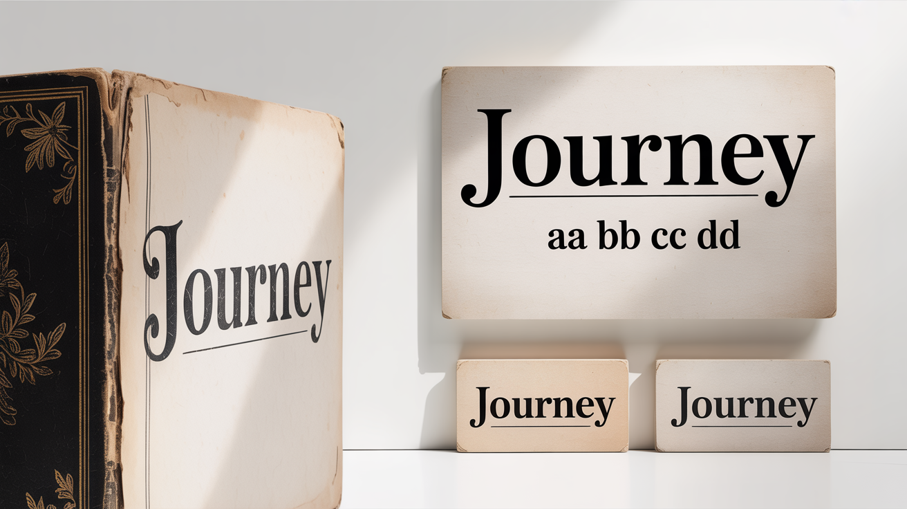 A mockup for an AI font matcher, showing a vintage book cover with the word 'JOURNEY' on one side and three font sample cards on the other, with the top card showing a perfect font match.