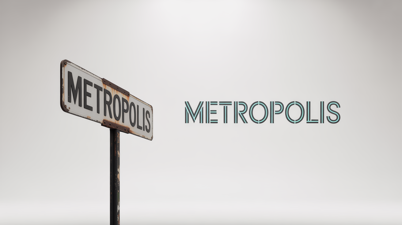An image illustrating an AI font matcher. A photo of a street sign with the word 'Metropolis' is analyzed, and the font is perfectly replicated in digital text next to it on a clean white background.