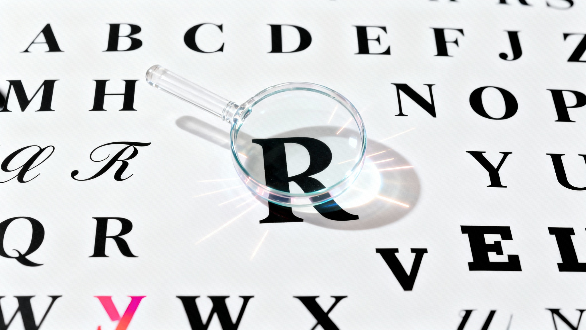 A typographic collage of letters in various fonts on a white background, with a digital magnifying glass highlighting one letter, representing an AI font matcher tool.