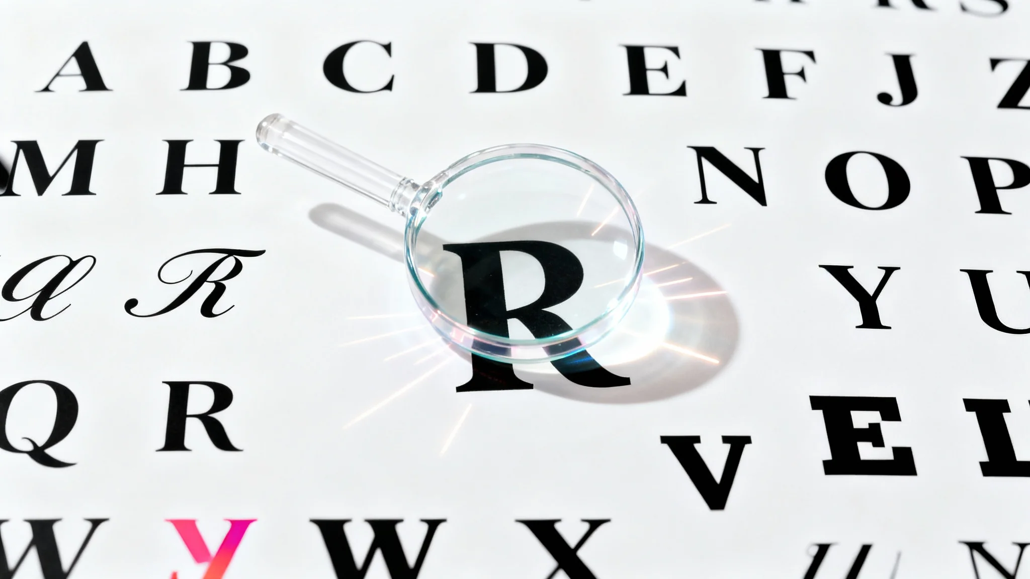 A typographic collage of letters in various fonts on a white background, with a digital magnifying glass highlighting one letter, representing an AI font matcher tool.