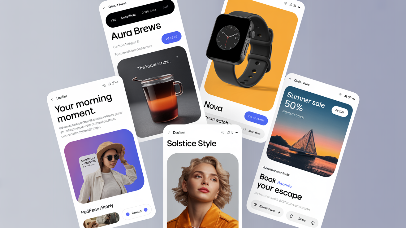 A collage of professionally designed digital ads for various fictional products like coffee, tech, and fashion, demonstrating the final output of an ad creative tool.