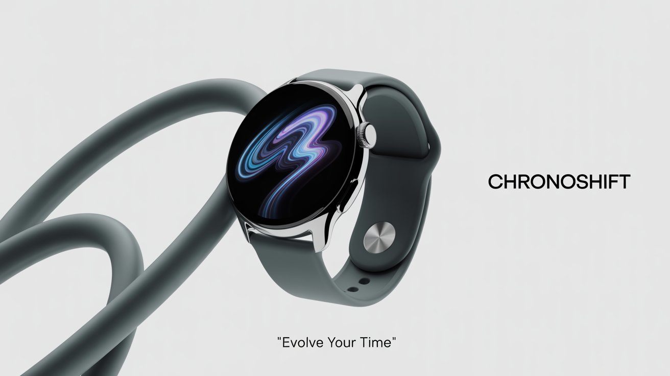 A professional ad creative for a modern smartwatch named 'ChronoShift', showing the watch floating against a white background with the tagline 'Evolve Your Time'.
