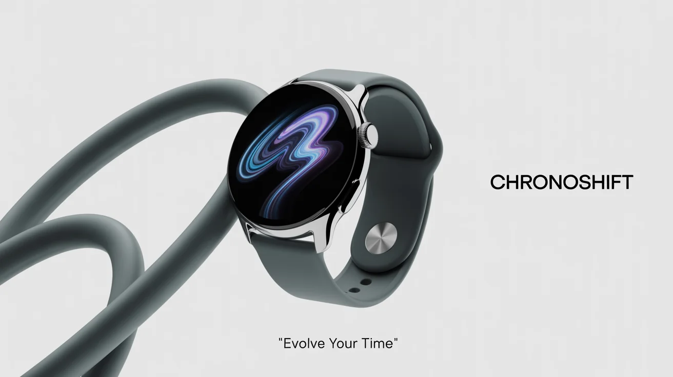 A professional ad creative for a modern smartwatch named 'ChronoShift', showing the watch floating against a white background with the tagline 'Evolve Your Time'.