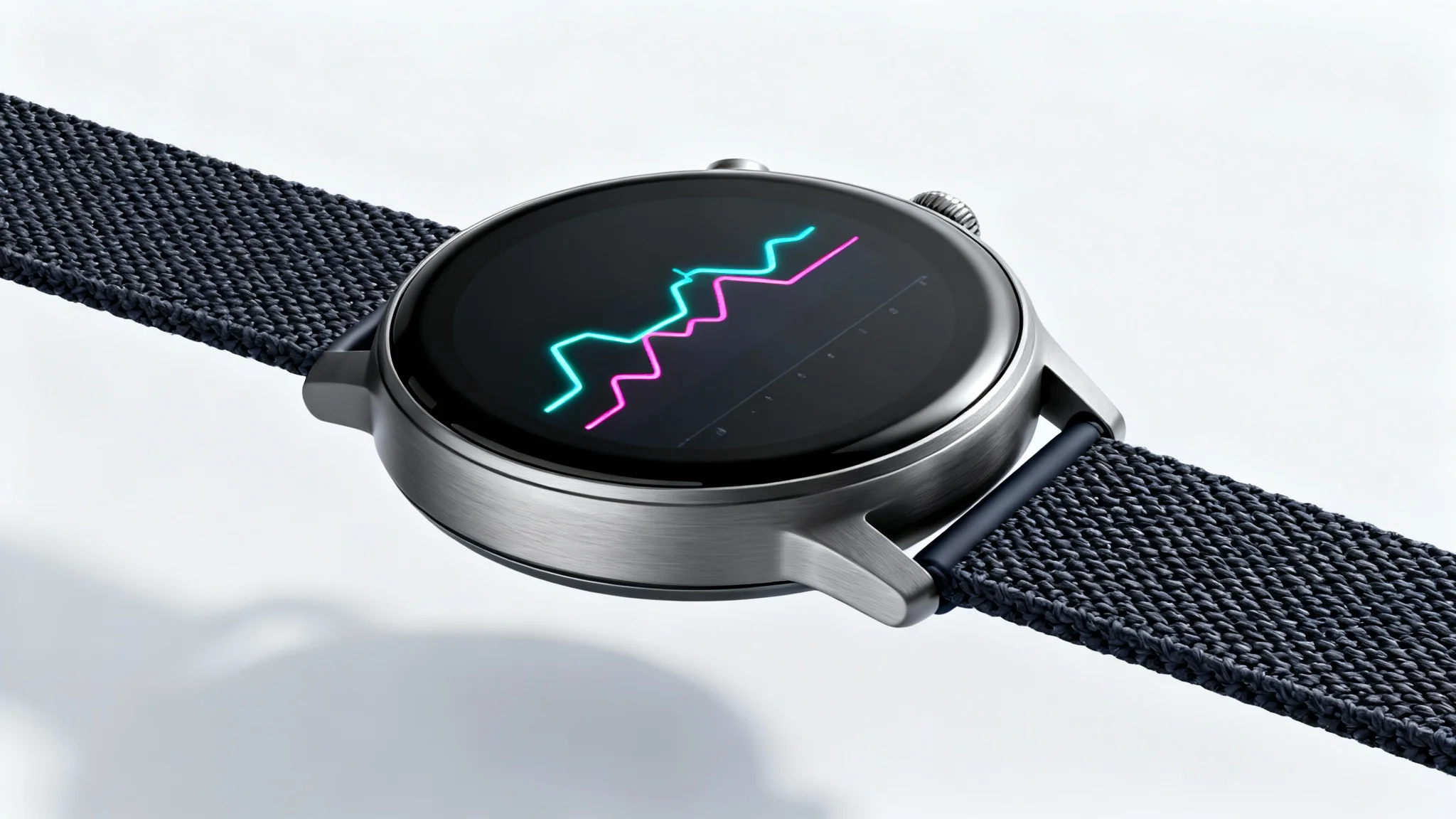 A professional product photograph of a modern, dark gray smartwatch with a colorful, abstract graph on its screen, displayed against a clean white background.