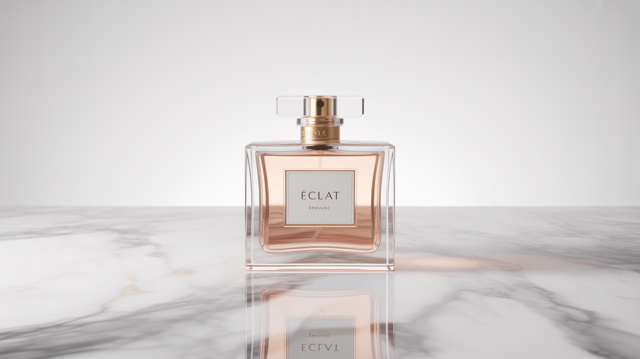 An ad creative mockup showing a sleek, geometric glass bottle of pale rose-colored perfume with a gold cap. The bottle is labeled 'ECLAT' and is set against a stark, clean white background in a style typical of luxury product photography.