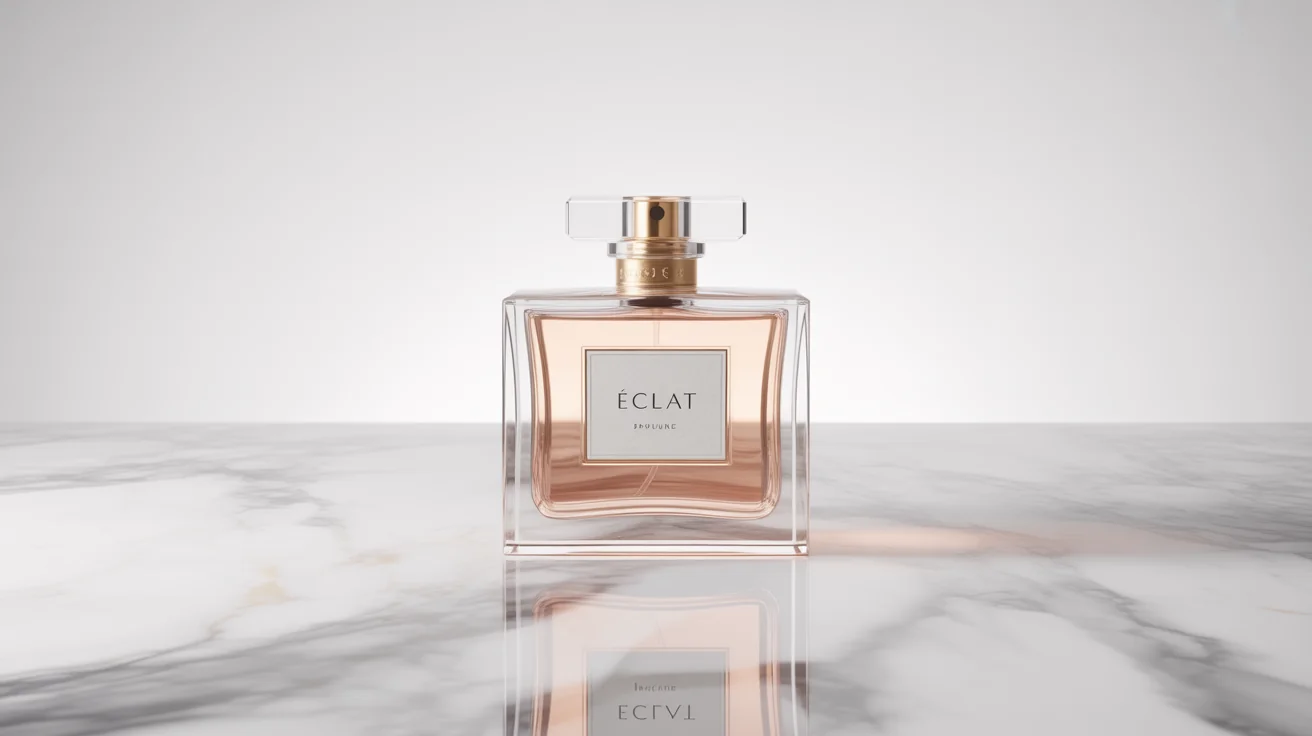 An ad creative mockup showing a sleek, geometric glass bottle of pale rose-colored perfume with a gold cap. The bottle is labeled 'ECLAT' and is set against a stark, clean white background in a style typical of luxury product photography.