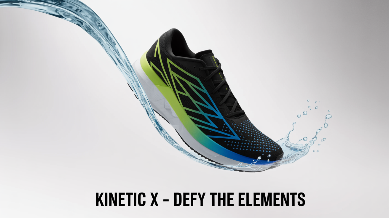 An advertisement creative featuring a futuristic black running shoe with neon green and blue accents, captured mid-stride against a white background with a dynamic splash of water wrapping around it.