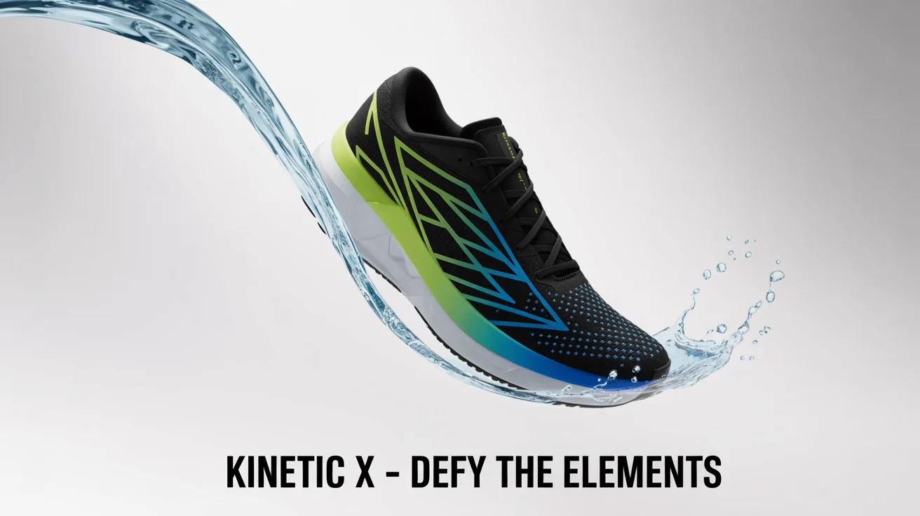 An advertisement creative featuring a futuristic black running shoe with neon green and blue accents, captured mid-stride against a white background with a dynamic splash of water wrapping around it.