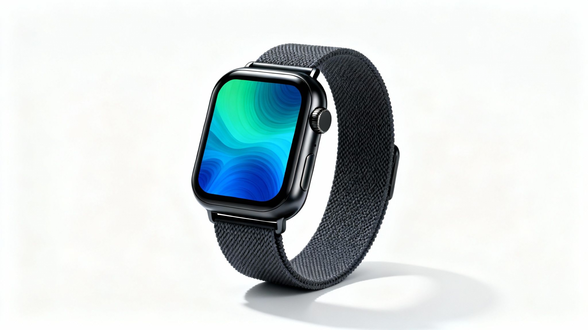 A photorealistic ad creative mockup showing a modern smartwatch with a dark gray band and a vibrant abstract face, shot at an angle against a clean white background.