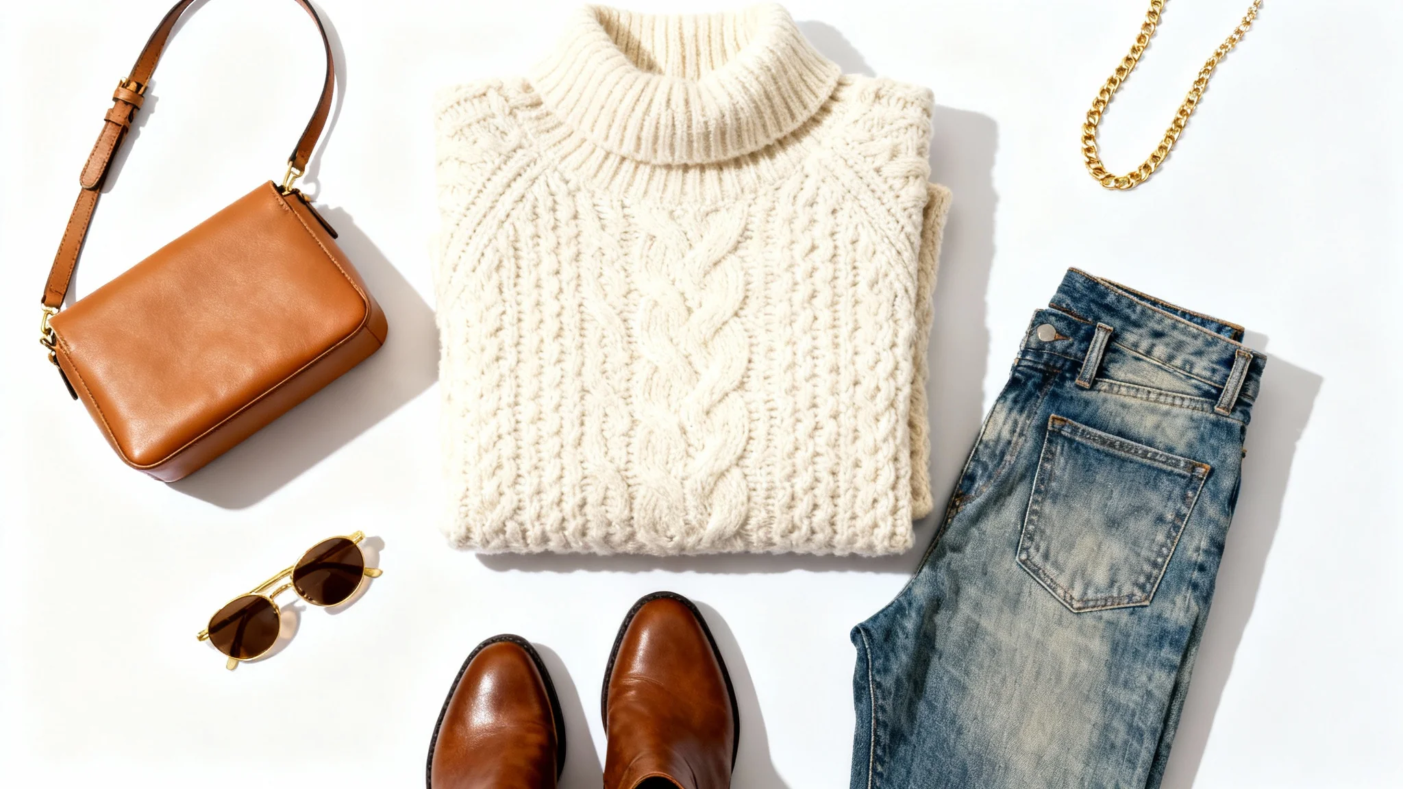 A top-down flat lay of a women's outfit on a white background, including a cream knit sweater, blue jeans, brown leather boots, a tan handbag, and sunglasses.