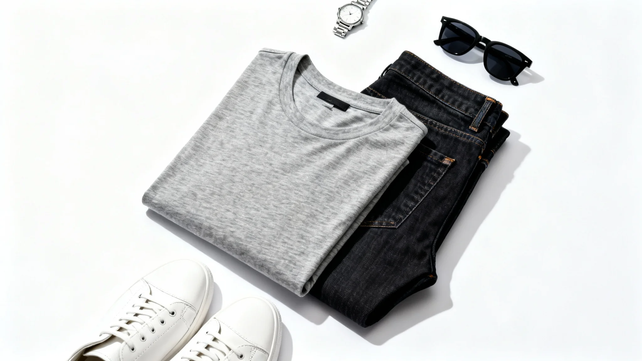 A minimalist clothing flat lay on a white background, showing a grey t-shirt, dark denim jeans, white sneakers, a watch, and sunglasses arranged neatly from a top-down view.