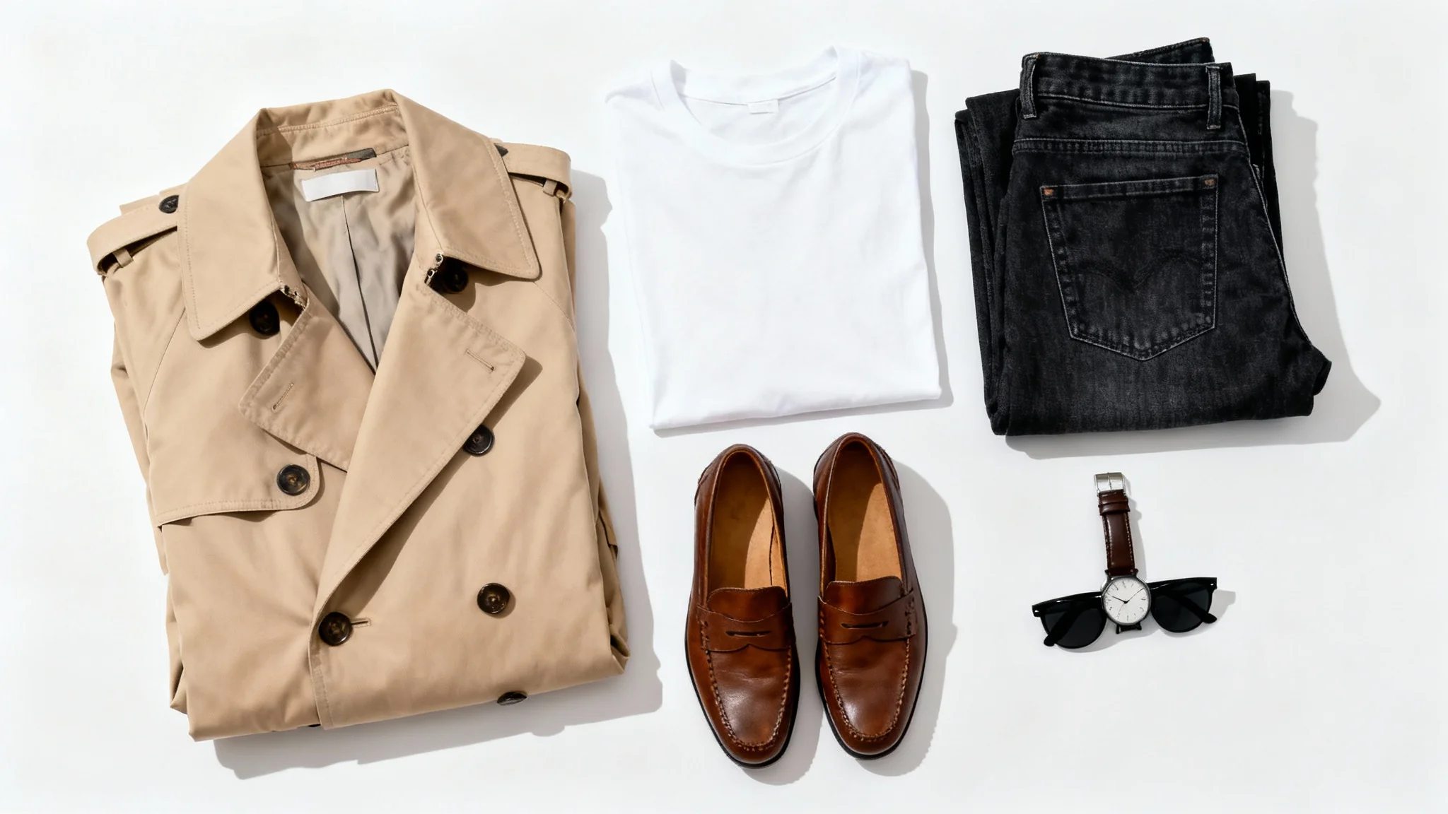 A stylish clothing flat lay on a white background, featuring a beige trench coat, white t-shirt, dark jeans, brown loafers, and accessories, arranged neatly from a top-down perspective.