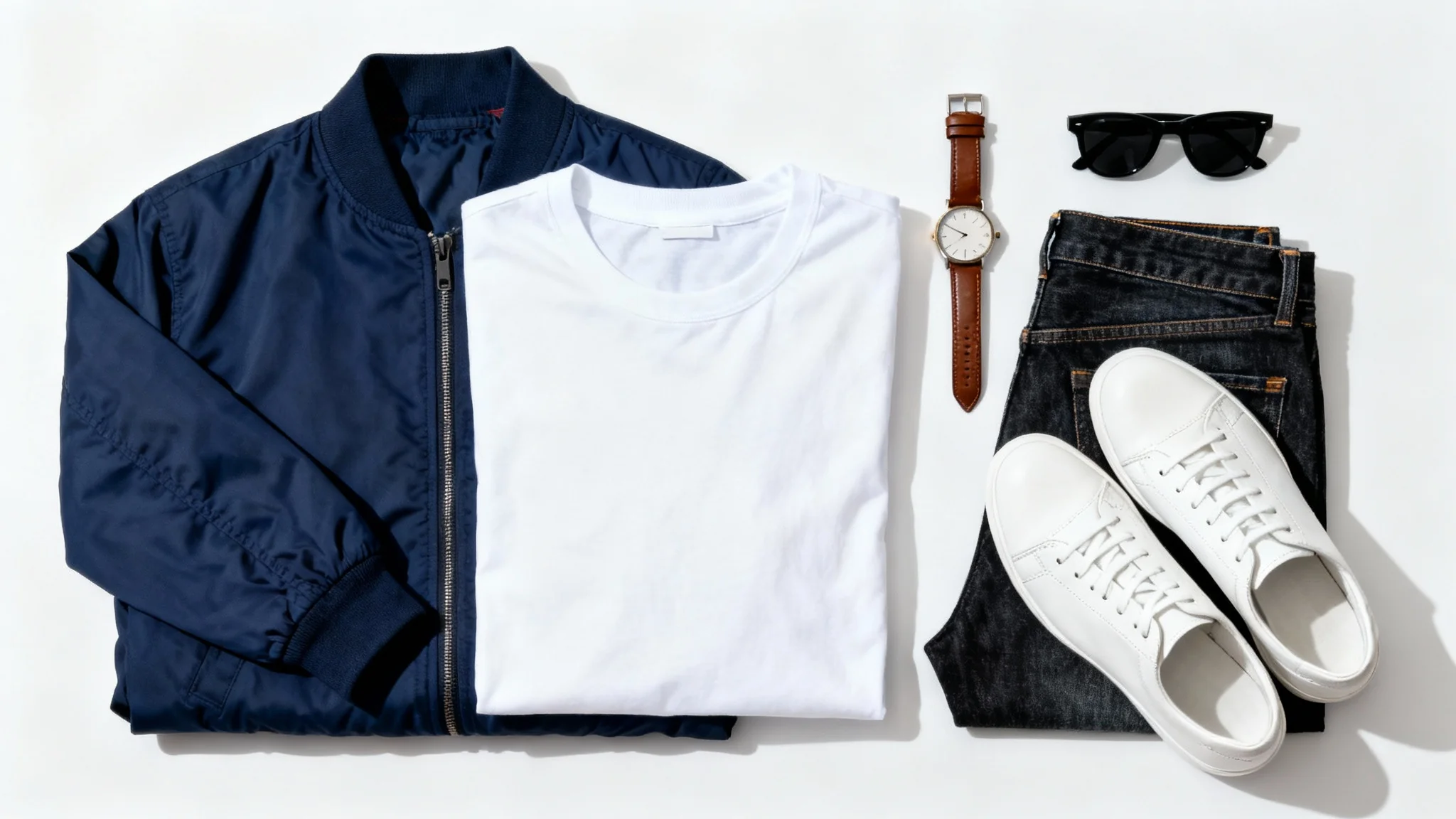 A top-down flat lay of a men's casual outfit on a white background, featuring a navy bomber jacket, white t-shirt, denim jeans, white sneakers, a watch, and sunglasses.