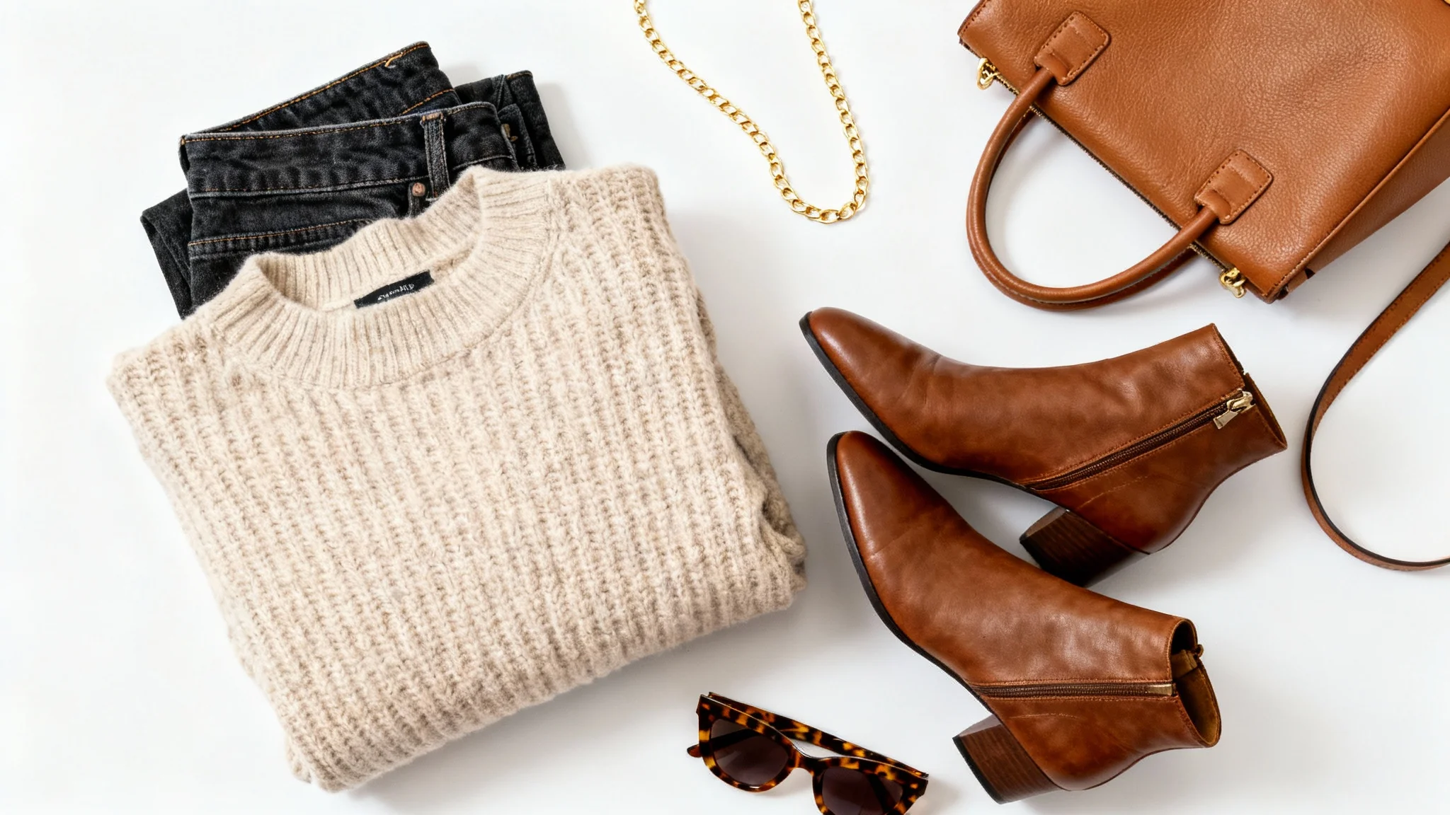 A top-down view of a women's clothing flat lay on a white background, featuring a beige sweater, blue jeans, brown boots, a handbag, and sunglasses.