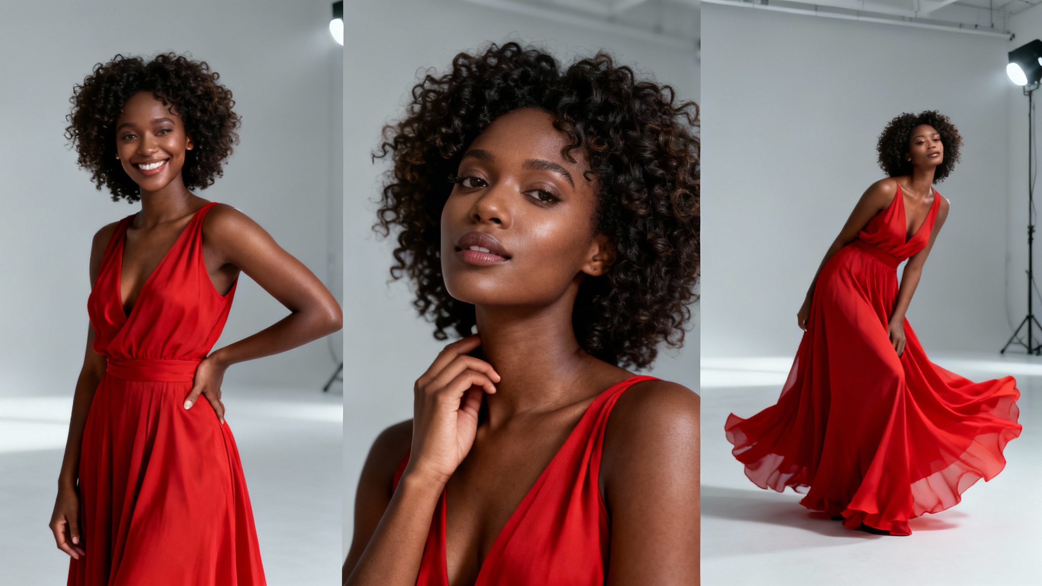 A professional photo collage in a 16:9 aspect ratio, showcasing three different portrait poses. The subject in all photos is a confident Black woman with curly hair wearing a flowing red dress, set against a minimalist studio background.